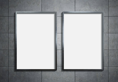 Two frames hanging on metal plates mockup. Template of a picture framed on a wall on metallic surface 3D renderingの写真素材