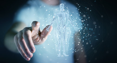 Man on dark background using digital x-ray human body holographic scan projection 3D rendering