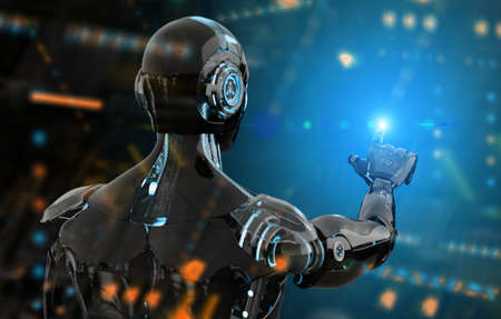 Black and blue intelligent robot cyborg pointing finger on dark background 3D renderingの写真素材