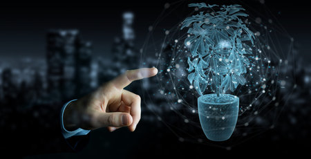 Man hand on dark background holding and touching holographic projection of a plant with digital analysis 3D renderingの写真素材
