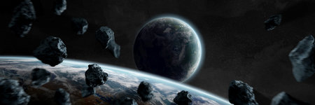 Panoramic space planets background. Panorama of distant solar system in cosmos with exoplanets 3D...