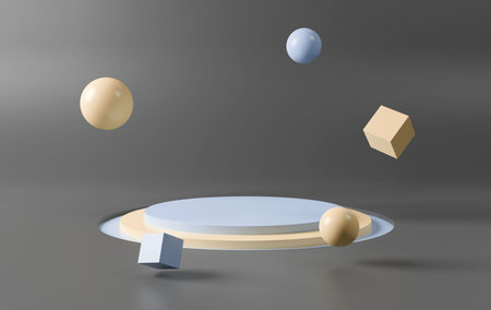 Stage podium on black background with floating elements. Mockup of empty circular platform. Abstract...