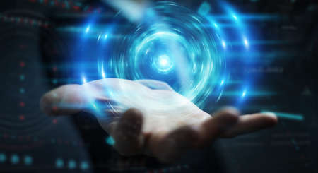 Businessman on dark background creating new futuristic energy power source 3D renderingの写真素材