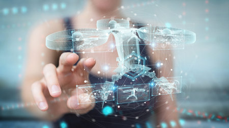 Woman on blurred background holding and touching modern drone with her hand 3D rendering