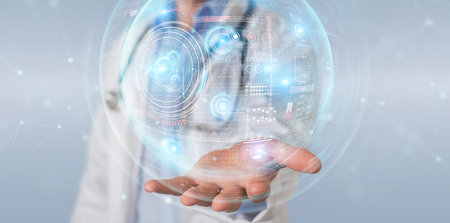 Scientist on blurred background using digital technological interface with data 3D renderingの写真素材