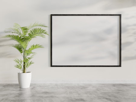 Black frame hanging in bright interior mockup. Template of a picture framed on a wall bathed with...