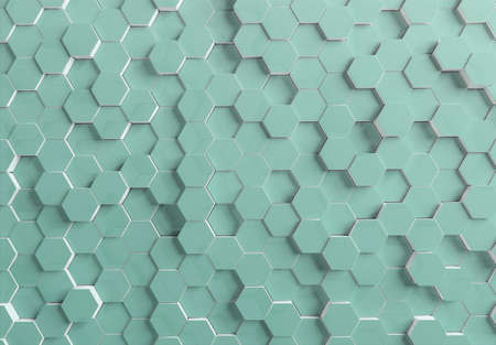 Green hexagons background pattern on textured metallic surface. Abstract hexagonal honeycomb graphic wallpaper 3D renderingの写真素材