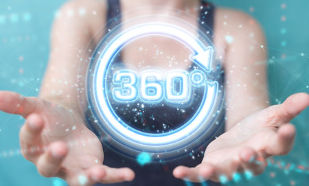 Woman on blurred background using 360 degree virtual reality neon interface 3D rendering
