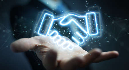 Man on dark background using partnership neon blue interface 3D renderingの写真素材