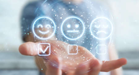 User on blurred background using customer satisfaction rating interface 3D renderingの写真素材