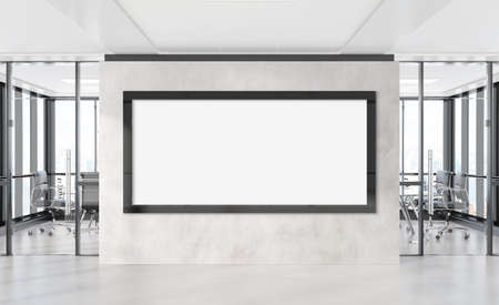 Panoramic frame Mockup hanging on office wall. Mock up of a billboard in modern company interior 3D renderingの写真素材