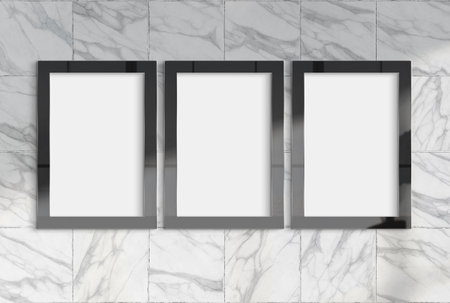 Three billboards hanging on a sunlit marble wall mockup. Template of frames bathed in sunlight 3D renderingの写真素材