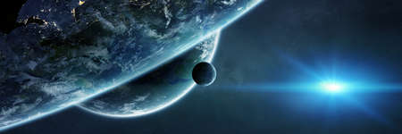 Panoramic space planets background. Panorama of distant solar system in cosmos with exoplanets 3D renderingの写真素材