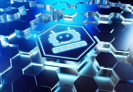 Chatbot icon concept engraved on blue metal hexagonal pedestral background. Chat bot assistance logo glowing on abstract digital surface. 3d renderingの写真素材