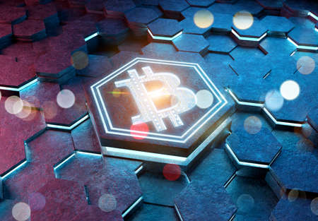 Bitcoin icon concept engraved on blue and pink metal hexagonal pedestral background. Crypto currency symbol glowing on abstract digital surface. 3d renderingの写真素材