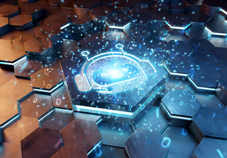 Chatbot icon concept engraved on blue and orange metal hexagonal pedestral background. Chat bot assistance logo glowing on abstract digital surface. 3d renderingの写真素材