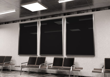 Three vertical billboards on underground subway wall Mockup. Hoardings advertising triptych on train station interior 3D renderingの写真素材