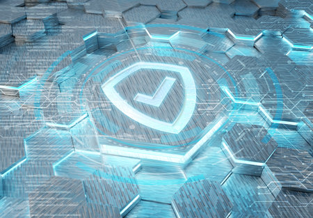Shield icon concept engraved on white and blue metal hexagonal pedestral background. Security Logo glowing on abstract digital surface. 3d renderingの写真素材