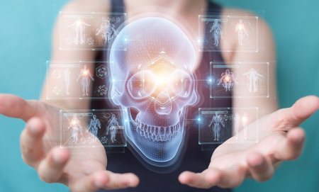 Woman on blurred background using digital x-ray skull holographic scan projection 3D rendering