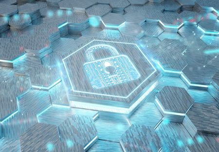 Web security icon concept engraved on white and blue metal hexagonal pedestral background. Padlock...