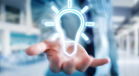 Man on blurred background using lightbulb neon digital interface 3D rendering