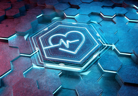 Heartbeat icon concept engraved on blue and pink metal hexagonal pedestral background. Heart beat...