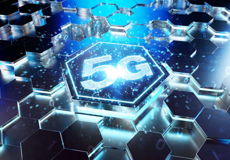 5G icon concept engraved on blue metal hexagonal pedestral background. Wireless technology logo glowing on abstract digital surface. 3d renderingの写真素材