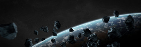 Panoramic space planets background. Panorama of distant solar system in cosmos with exoplanets 3D...