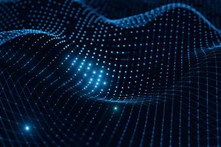 Moving neon blue wireframe pattern forming a digital network connection on dark background 3D...