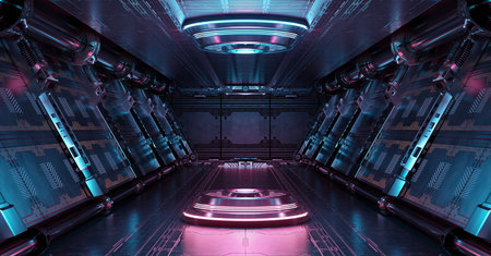Blue and pink spaceship interior with illuminated projector. Futuristic corridor in space station...
