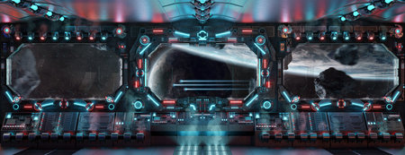 Dark spaceship interior with glowing blue and red lights. Futuristic spacecraft with large window...
