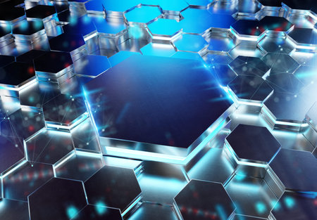 Glowing black and blue hexagons podium background pattern. Hexagonal silver metal surface with...