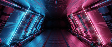 Blue and pink spaceship interior with neon lights on panel walls. Futuristic modern corridor in...