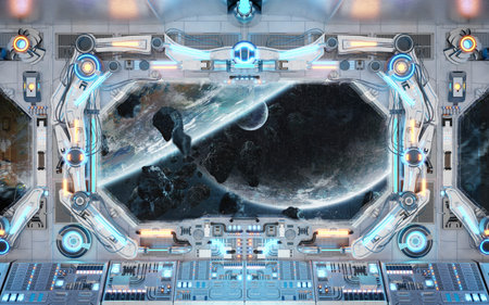 White spaceship interior with glowing blue and red lights. Futuristic spacecraft with large window...
