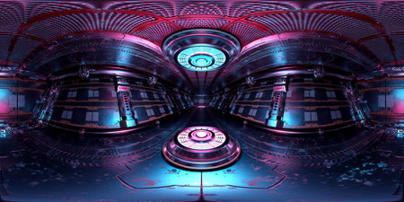 HDRI panoramic view of dark blue pink spaceship interior. High resolution 360 degrees panorama...