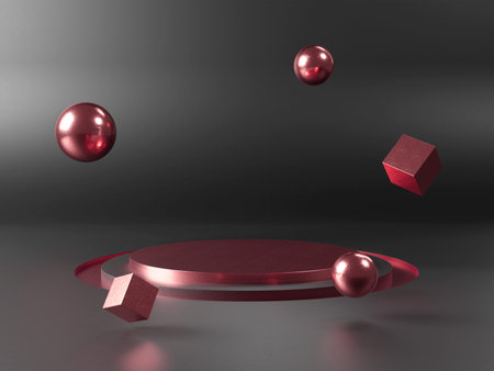 Stage podium on black background with floating elements. Mockup of empty circular platform. Abstract...