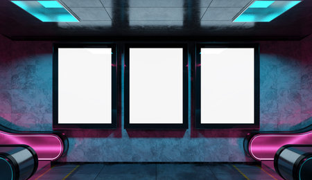 Three blank billboards on underground subway wall Mockup. Hoardings advertising triptych in glowing...
