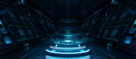 Blue spaceship interior with illuminated projector. Futuristic corridor in space station with...