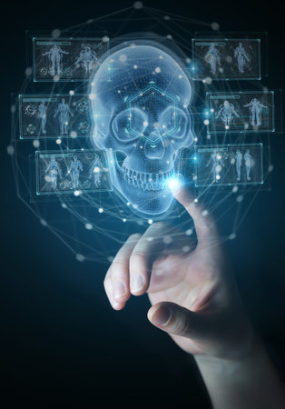 Man hand on dark background using digital x-ray skull holographic scan projection 3D rendering