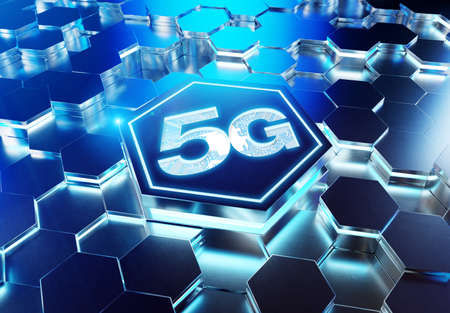 5G icon concept engraved on blue metal hexagonal pedestral background. Wireless technology logo glowing on abstract digital surface. 3d renderingの写真素材