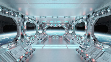 White spaceship interior with glowing blue and red lights. Futuristic spacecraft with large window...