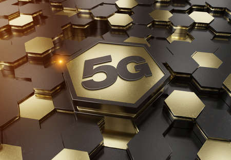 5G icon concept engraved on gold and black metal hexagonal pedestral background. Wireless technology logo glowing on abstract digital surface. 3d renderingの写真素材