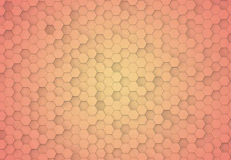 Orange hexagons background pattern on textured metallic surface. Abstract hexagonal honeycomb...