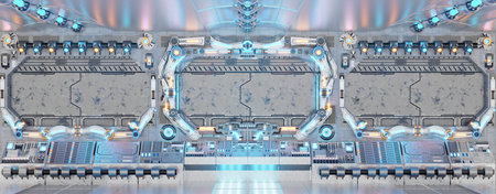 White spaceship interior with glowing control panels and buttons. Futuristic space station background with blue and orange neon lights. 3d renderingの写真素材