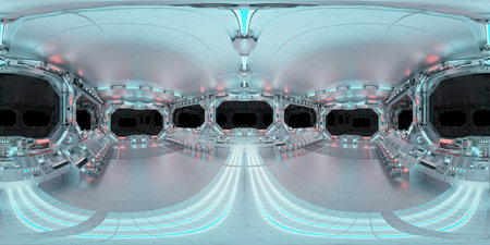HDRI panoramic view of white blue spaceship interior with windows. High resolution 360 degrees...