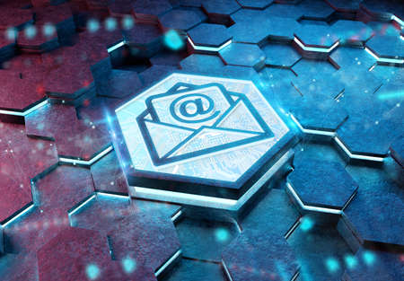Email icon concept engraved on metal blue and pink hexagonal pedestral background. Mail Logo glowing on abstract digital surface. 3d renderingの写真素材