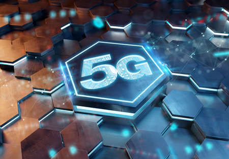 5G icon concept engraved on blue and orange metal hexagonal pedestral background. Wireless technology logo glowing on abstract digital surface. 3d renderingの写真素材