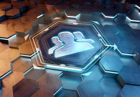 User icon concept engraved on blue and orange metal hexagonal pedestral background. Social media...
