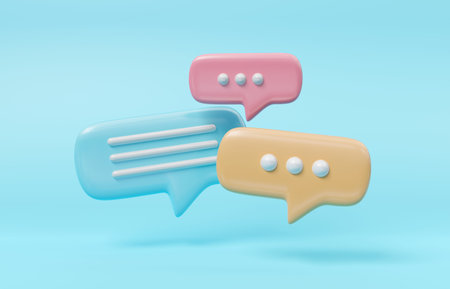 Minimalist blue red and yellow speech bubbles talk icons floating over background. Modern...