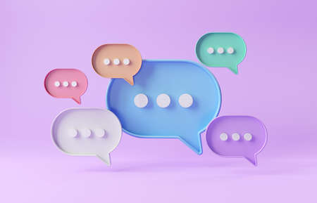 Minimalist blue red orange green purple speech bubbles talk icons floating over purple background. Modern conversation or smooth social media messages with shadow. 3D renderingの写真素材